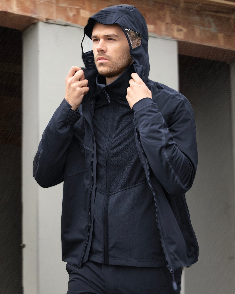 Dark Navy Coloured Mascot Workwear Mens Customized Microfleece Jumper With Zipper on outdoor background 