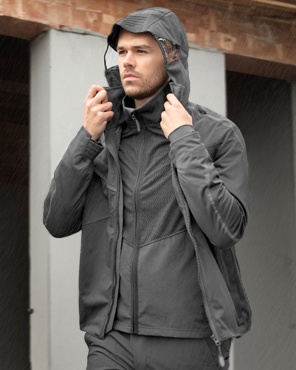 Stone Grey Coloured Mascot Workwear Mens Customized Microfleece Jumper With Zipper on outdoor background 