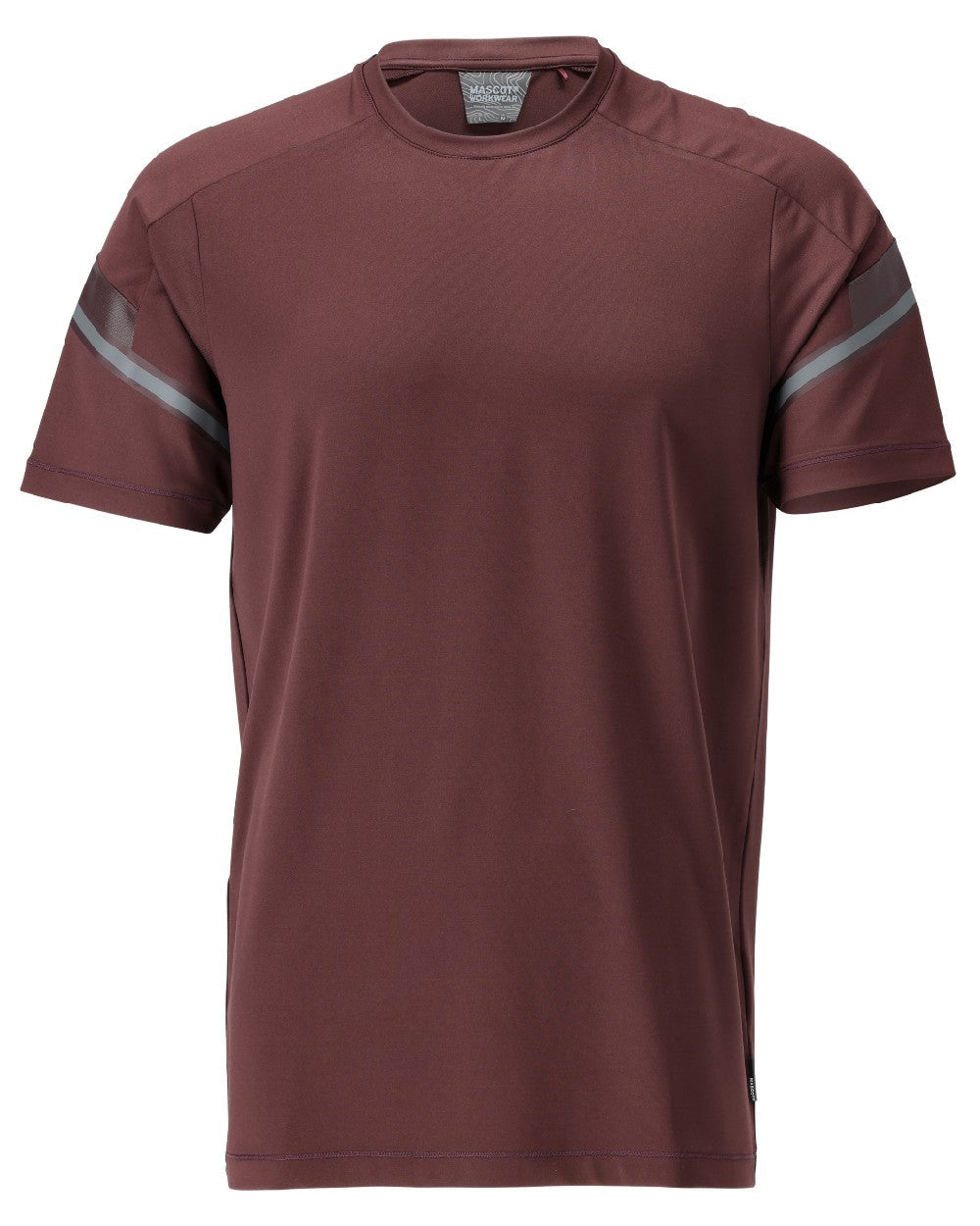 Bordeaux Coloured Mascot Workwear Mens Customized Modern Fit Short Sleeve T-Shirt on white background 