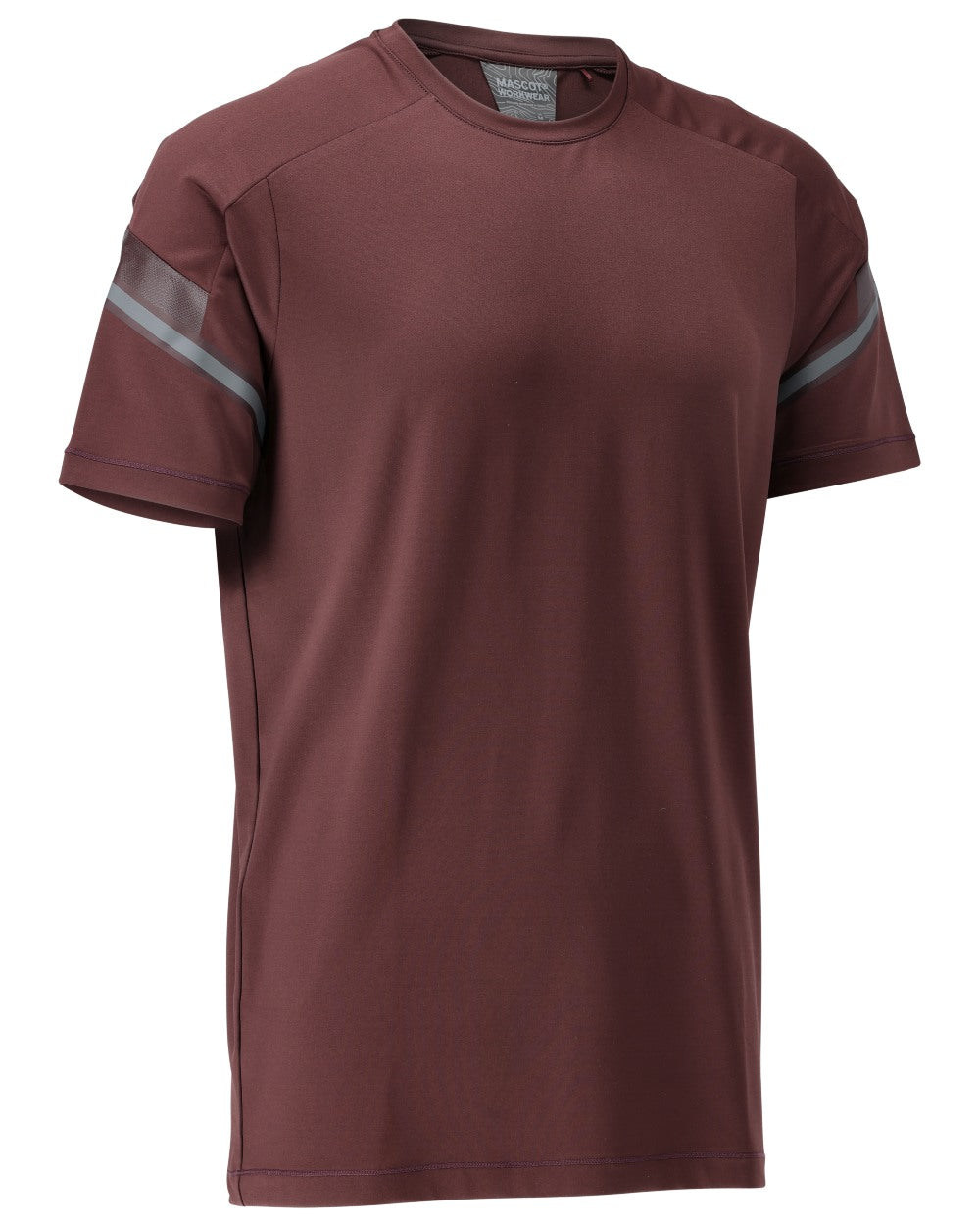Bordeaux Coloured Mascot Workwear Mens Customized Modern Fit Short Sleeve T-Shirt on white background 