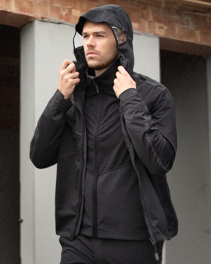 Black Coloured Mascot Workwear Mens Customized Outer Shell Jacket on outdoor background 
