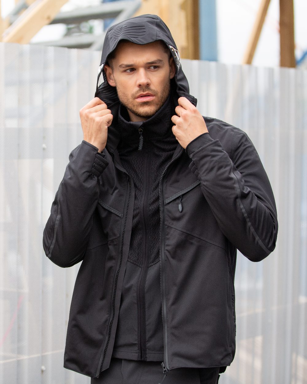 Black Coloured Mascot Workwear Mens Customized Outer Shell Jacket on outdoor background 
