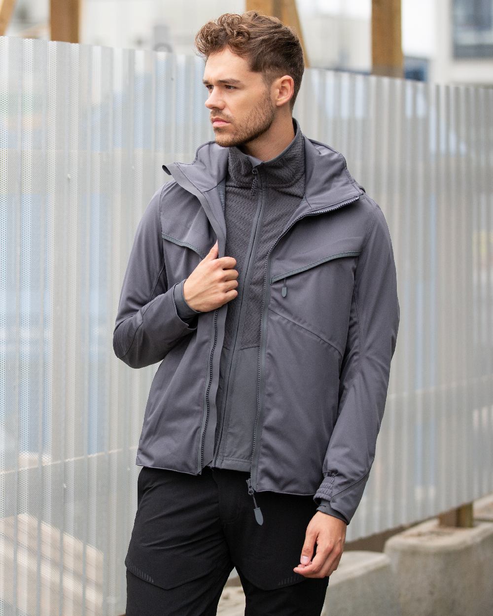 Stone Grey Coloured Mascot Workwear Mens Customized Outer Shell Jacket on outdoor background 