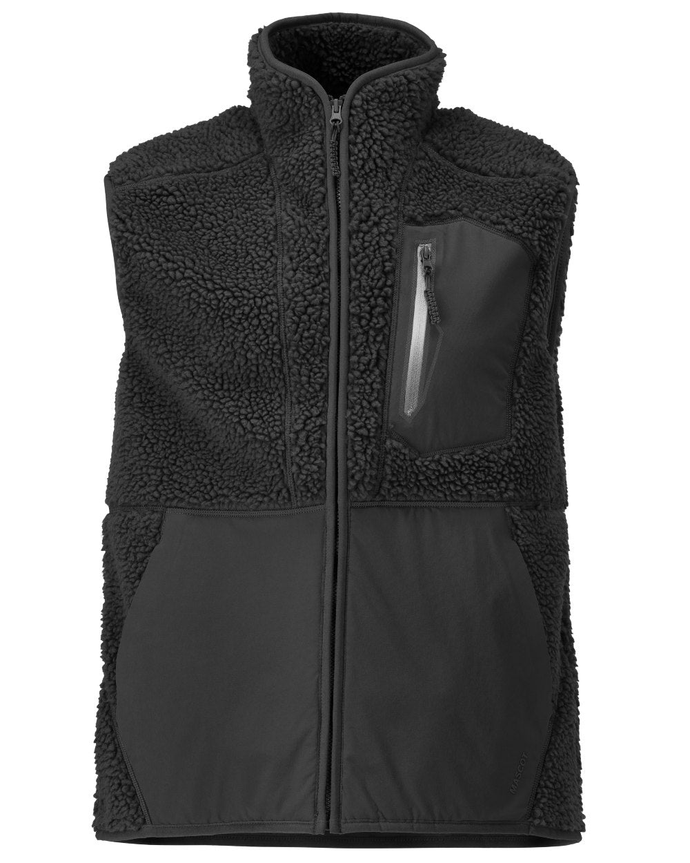 Black Coloured Mascot Workwear Mens Customized Pile Gilet With Zipper on white background 