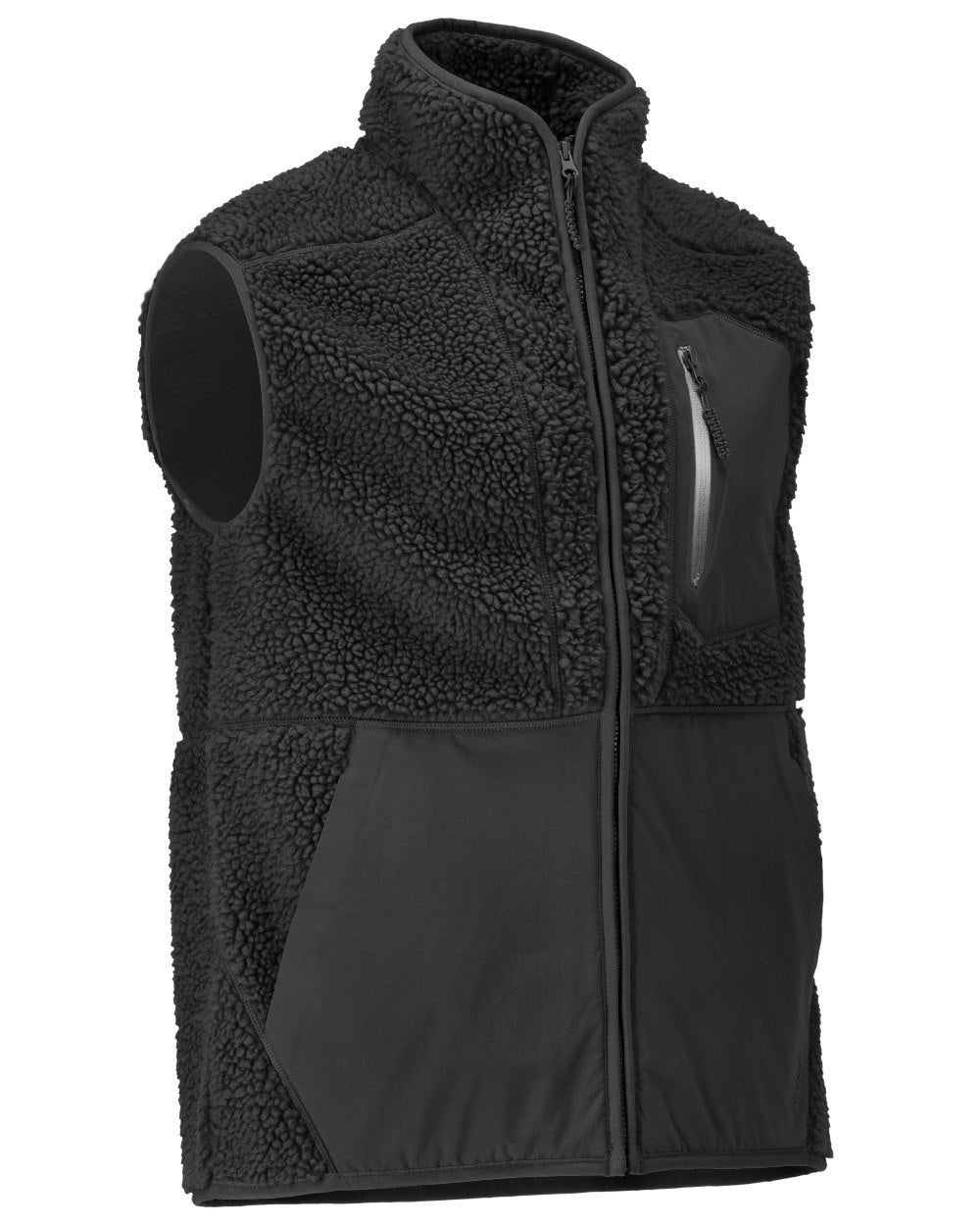 Black Coloured Mascot Workwear Mens Customized Pile Gilet With Zipper on white background 