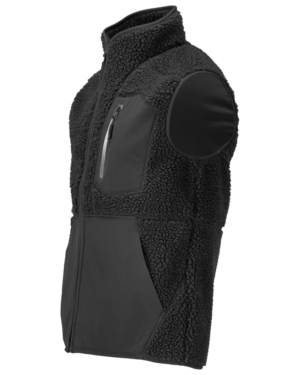 Black Coloured Mascot Workwear Mens Customized Pile Gilet With Zipper on white background 