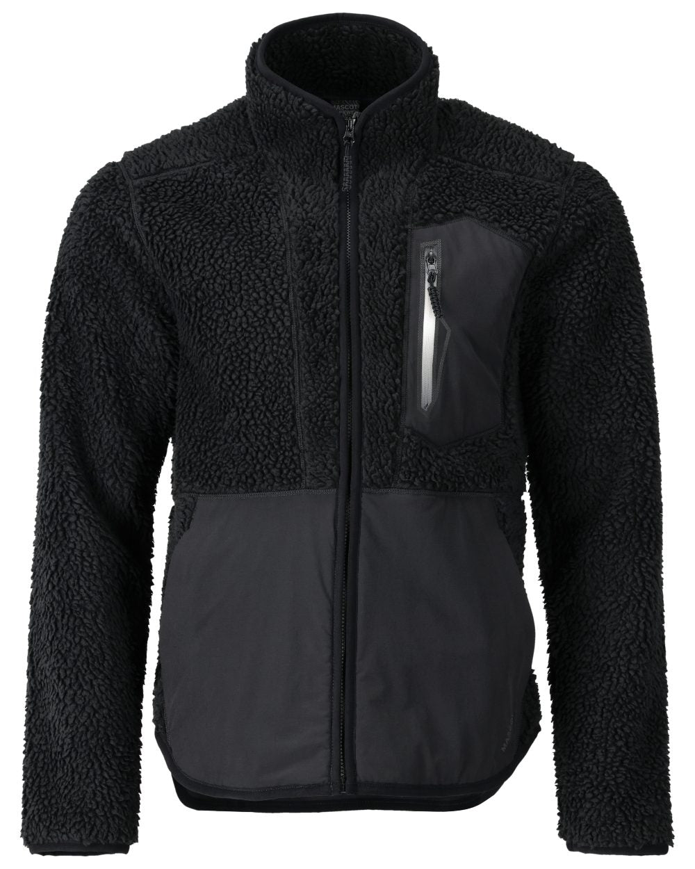 Black Coloured Mascot Workwear Mens Customized Pile Jacket With Zipper on white background 