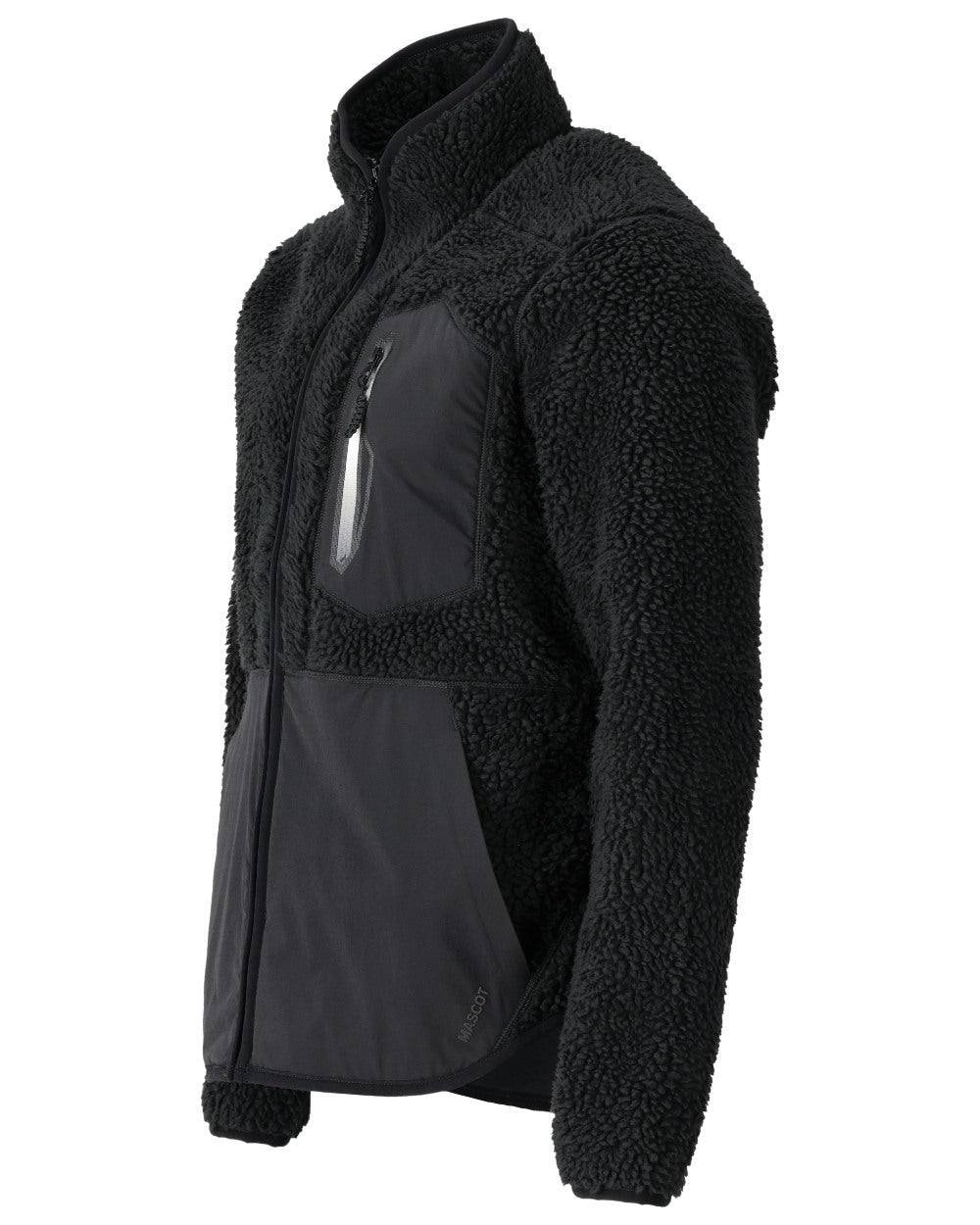 Black Coloured Mascot Workwear Mens Customized Pile Jacket With Zipper on white background 