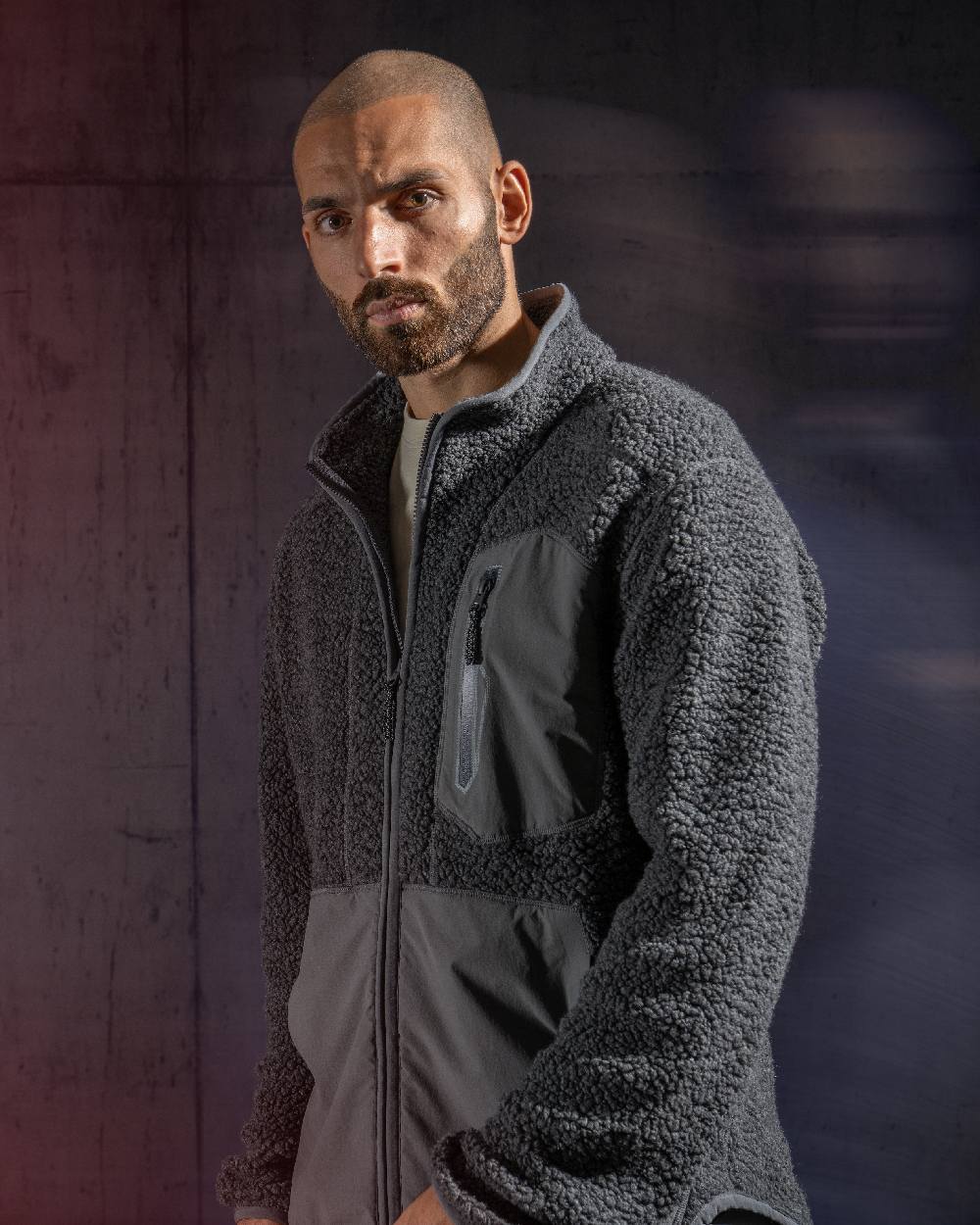 Stone Grey Coloured Mascot Workwear Mens Customized Pile Jacket With Zipper on studio background 