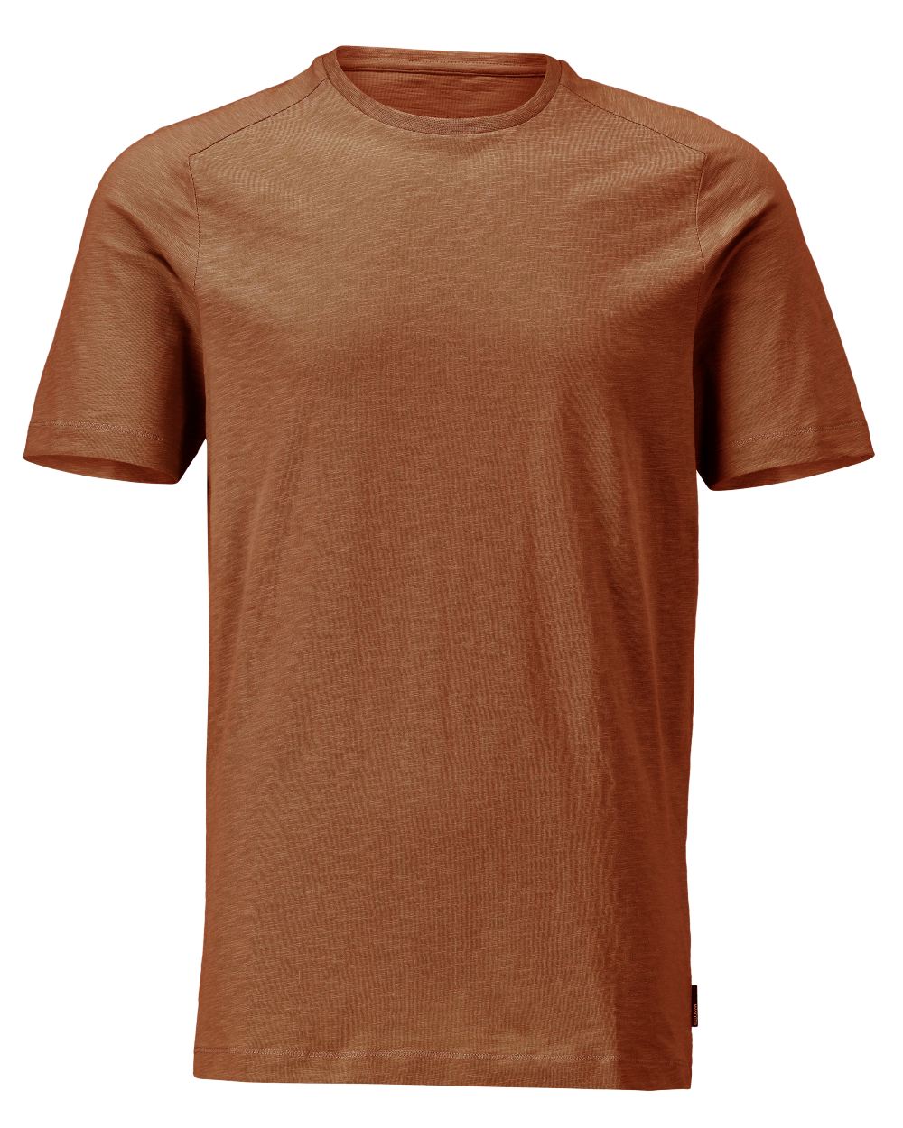 Nut Brown Coloured Mascot Workwear Mens Customized Premium Short Sleeve T-Shirt on white background 