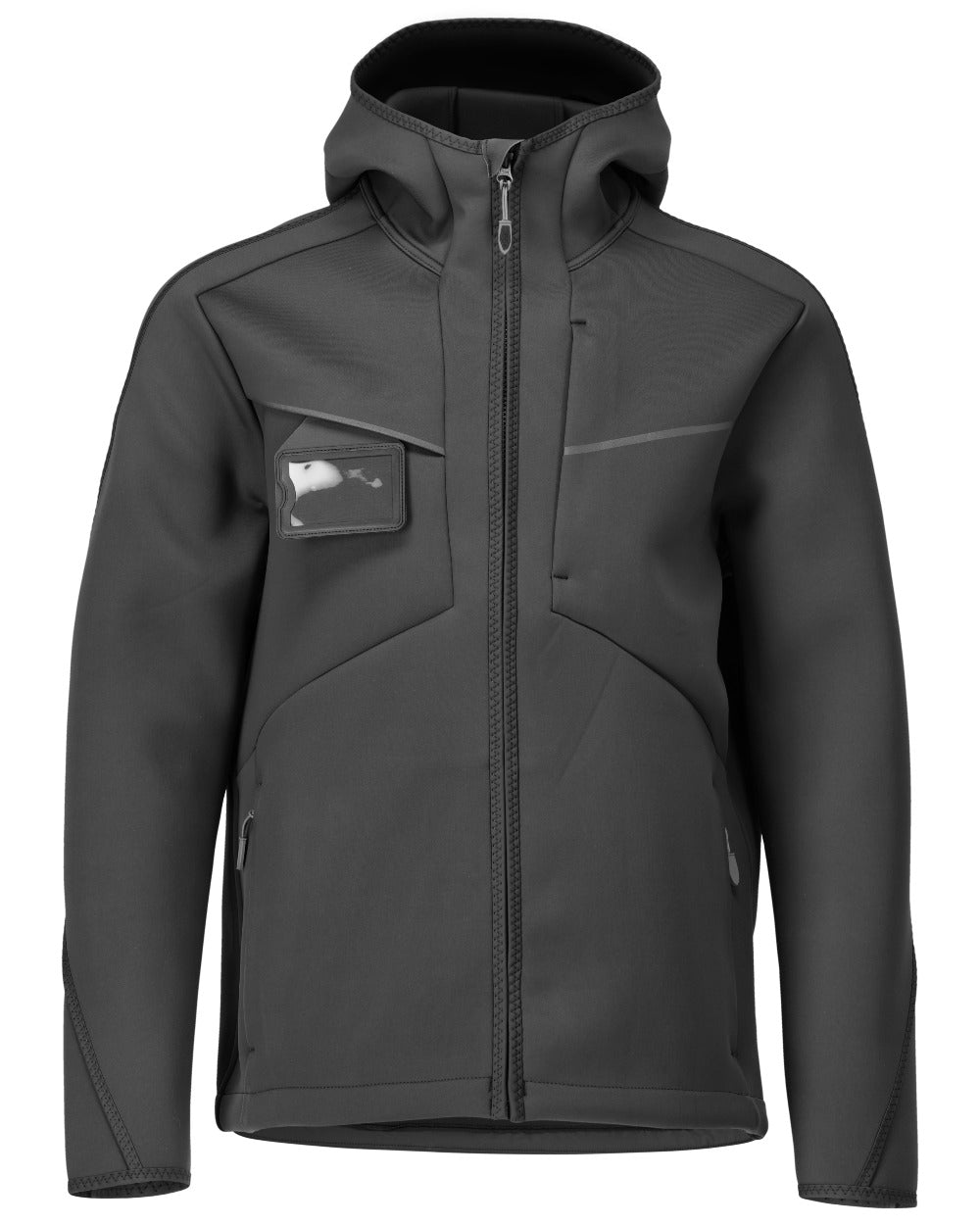 Black Coloured Mascot Workwear Mens Customized Reflective Softshell Jacket With Hood on white background 