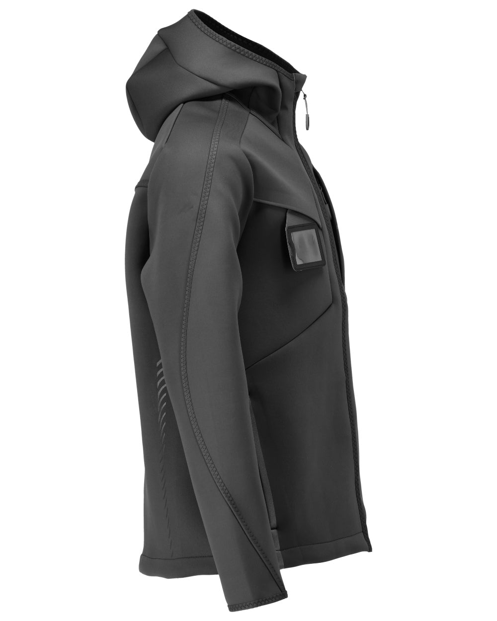 Black Coloured Mascot Workwear Mens Customized Reflective Softshell Jacket With Hood on white background 
