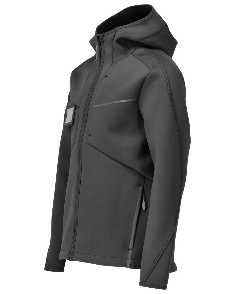 Black Coloured Mascot Workwear Mens Customized Reflective Softshell Jacket With Hood on white background 
