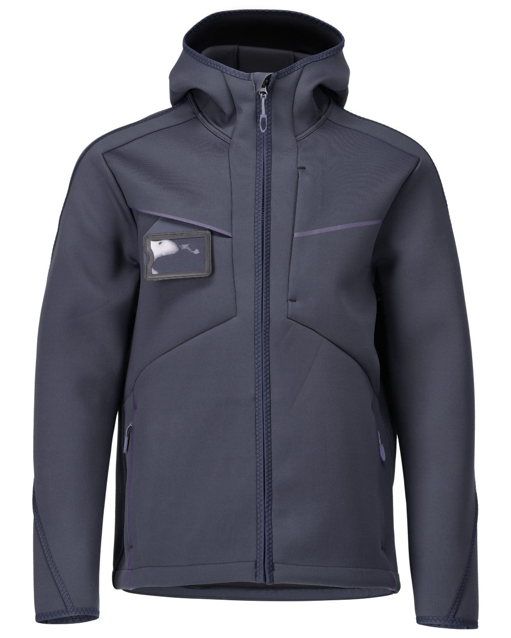 Dark Navy Coloured Mascot Workwear Mens Customized Reflective Softshell Jacket With Hood on white background 