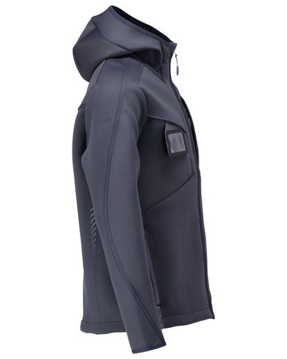 Dark Navy Coloured Mascot Workwear Mens Customized Reflective Softshell Jacket With Hood on white background 