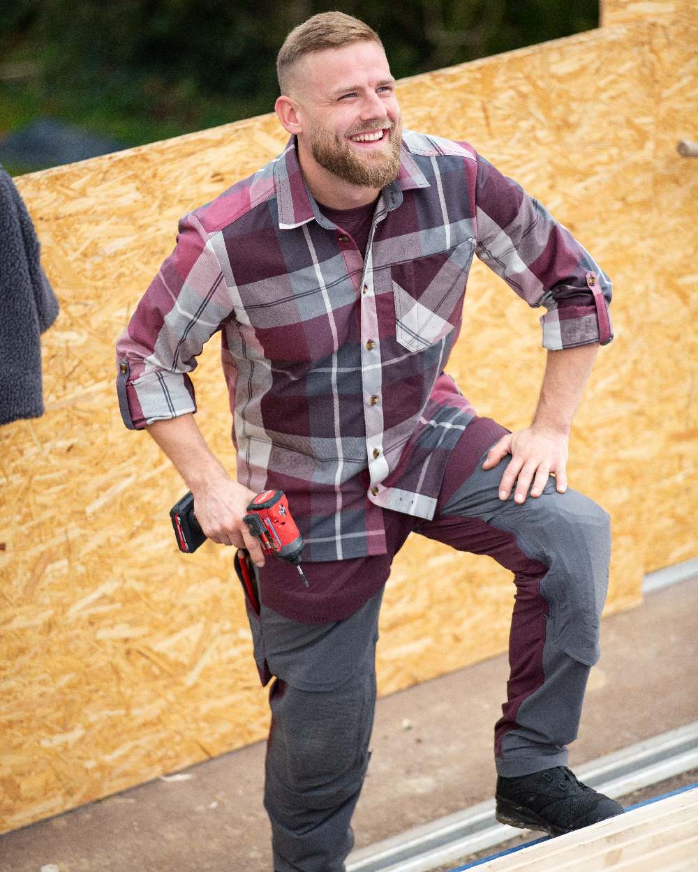 Bordeaux Checked Checked Coloured Mascot Workwear Mens Customized Shirt on outdoor background 