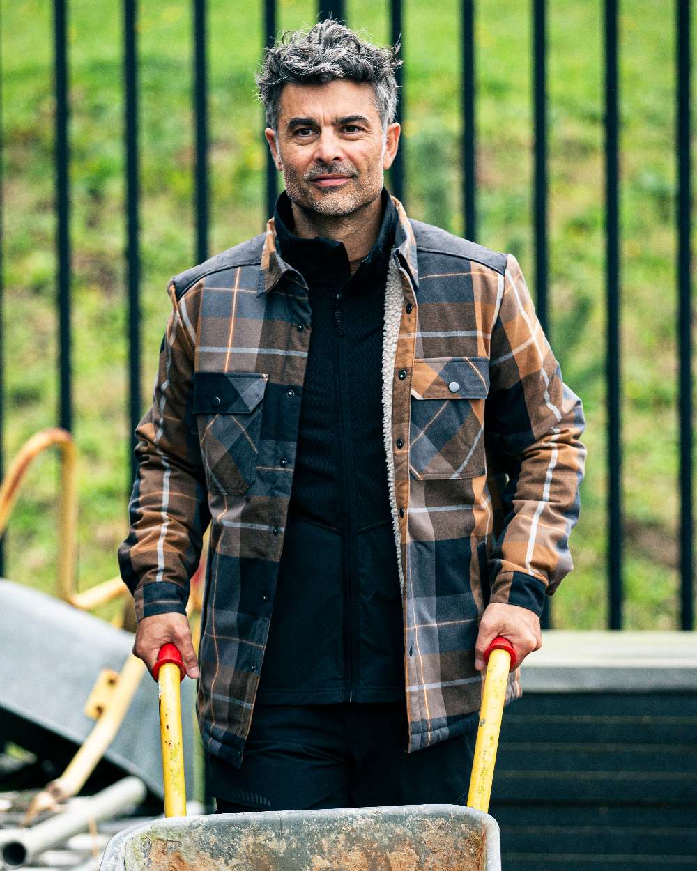Nut Brown Checked Coloured Mascot Workwear Mens Customized Shirt With Pile Lining on construction background 