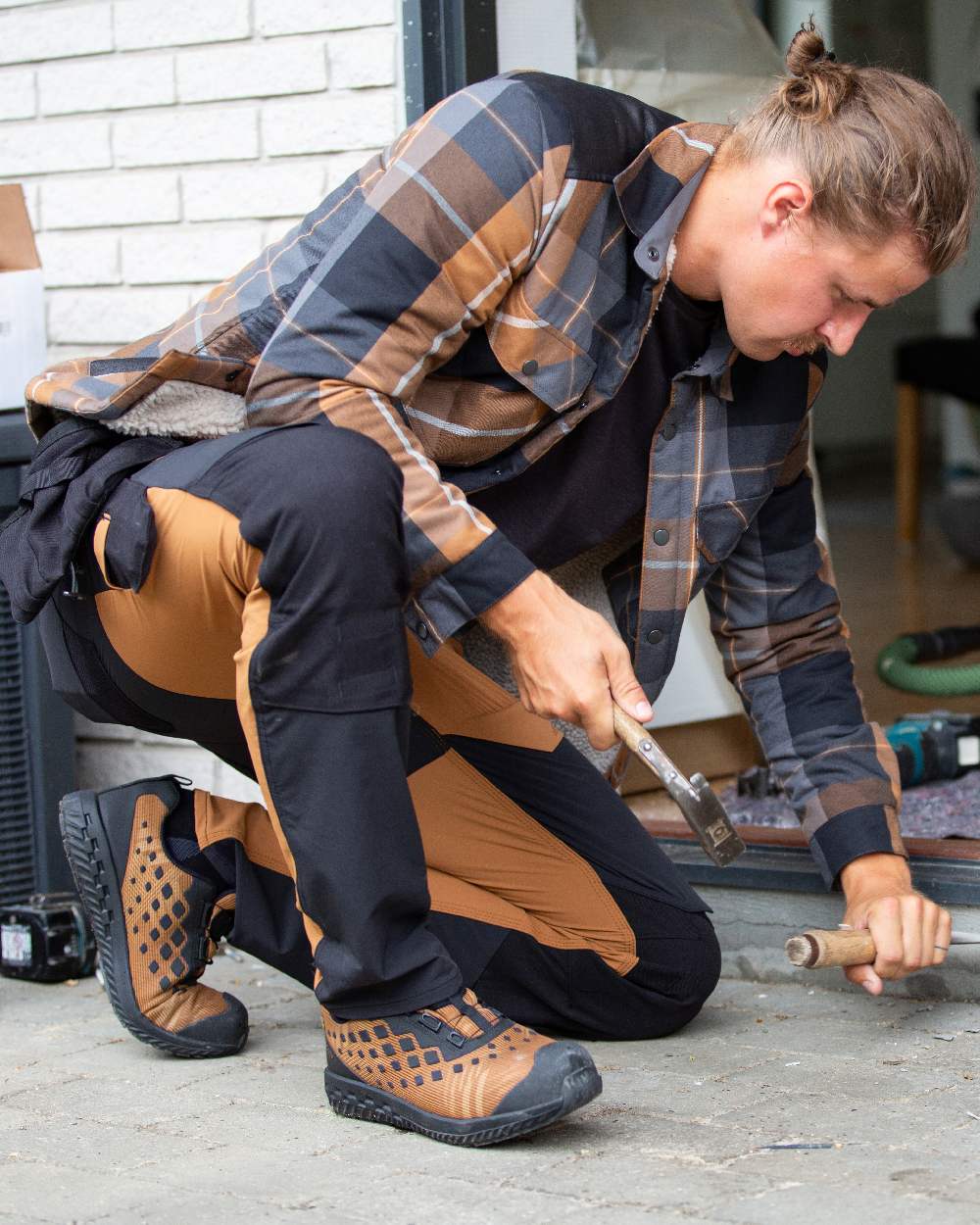Nut Brown Checked Coloured Mascot Workwear Mens Customized Shirt With Pile Lining on construction background 