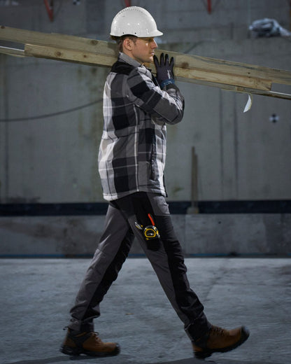 Stone Grey Checked Coloured Mascot Workwear Mens Customized Shirt With Pile Lining on construction background 