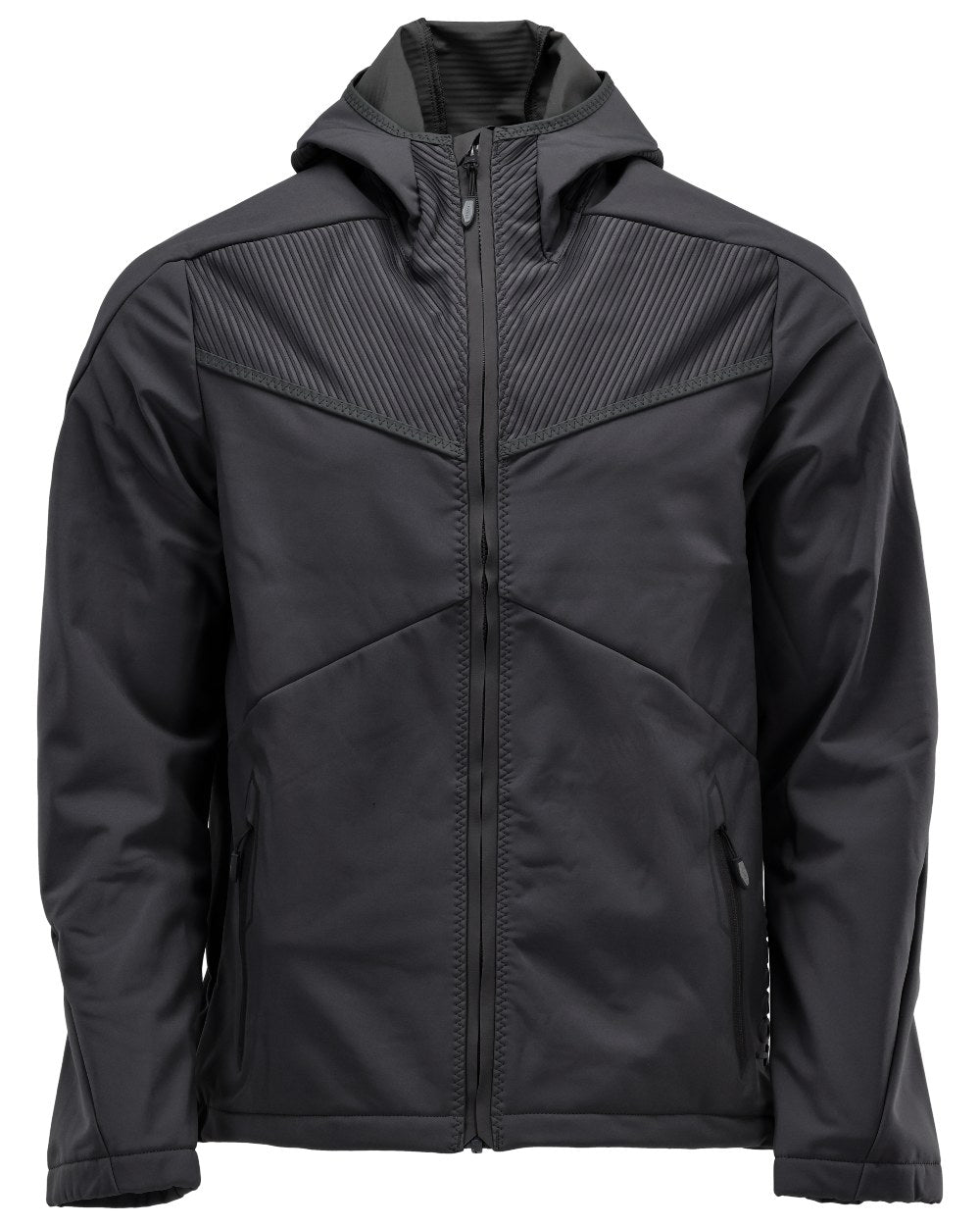 Black Coloured Mascot Workwear Mens Customized Softshell Jacket With Hood on white background 