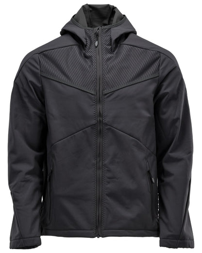 Black Coloured Mascot Workwear Mens Customized Softshell Jacket With Hood on white background 