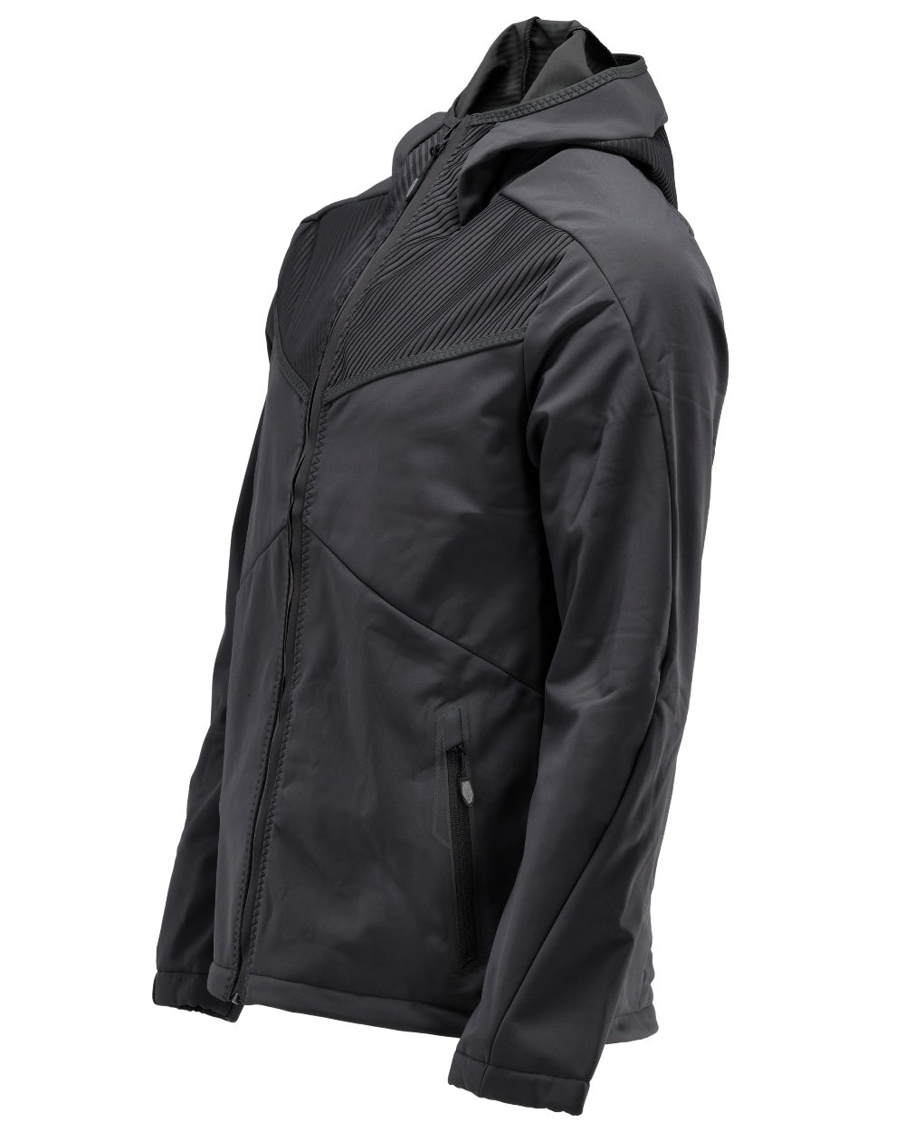 Black Coloured Mascot Workwear Mens Customized Softshell Jacket With Hood on white background 