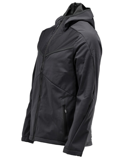 Black Coloured Mascot Workwear Mens Customized Softshell Jacket With Hood on white background 