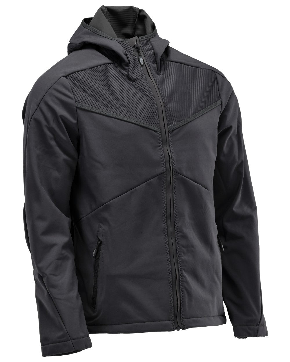 Black Coloured Mascot Workwear Mens Customized Softshell Jacket With Hood on white background 