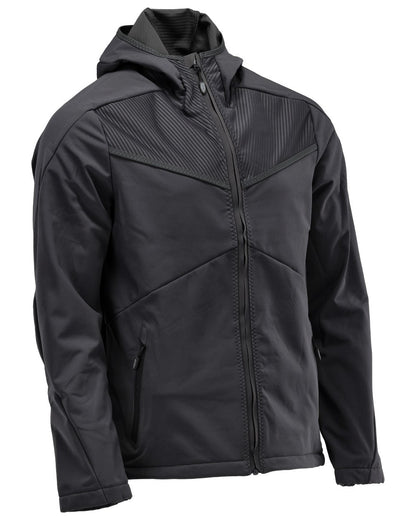 Black Coloured Mascot Workwear Mens Customized Softshell Jacket With Hood on white background 