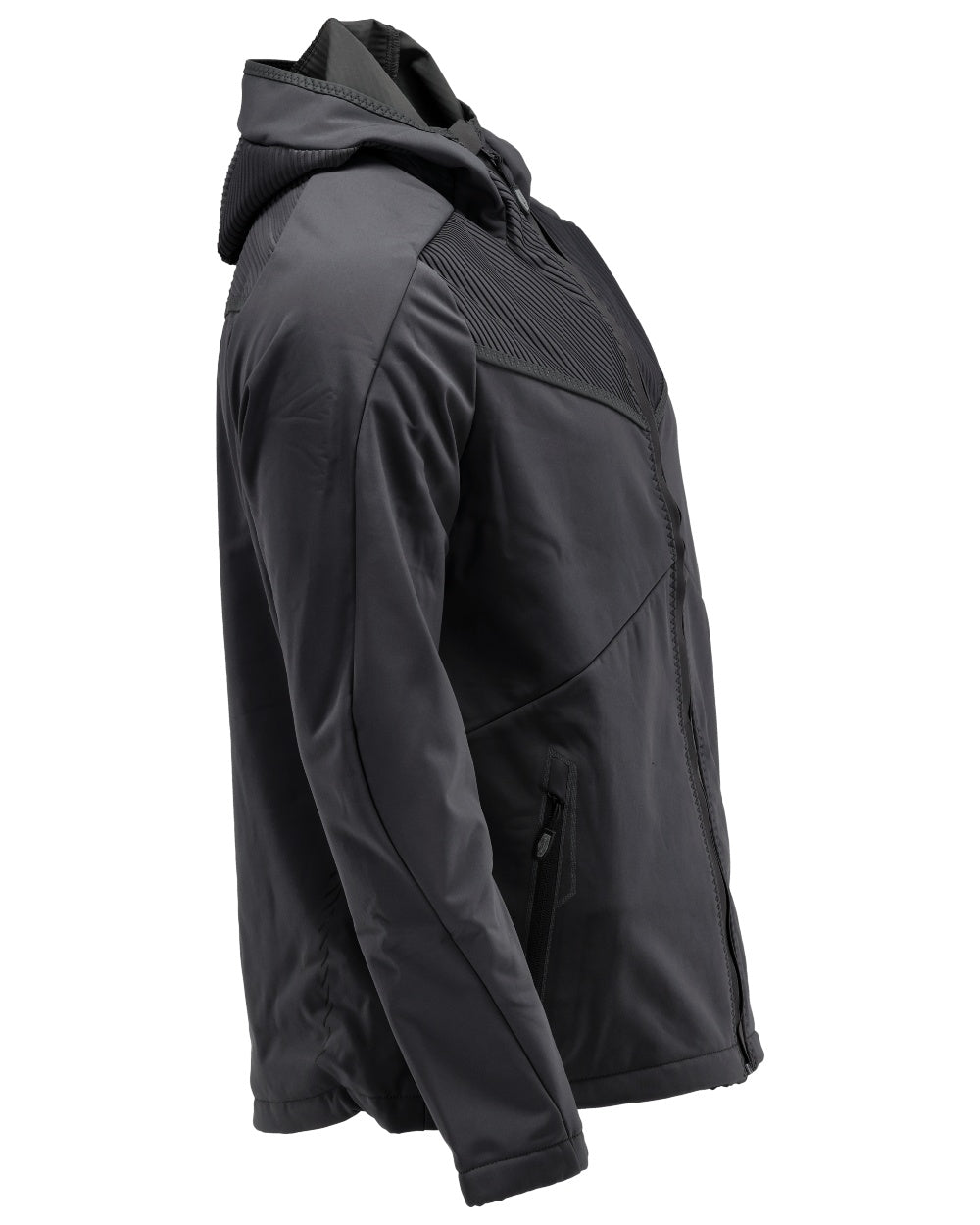 Black Coloured Mascot Workwear Mens Customized Softshell Jacket With Hood on white background 