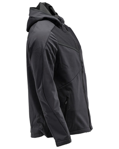 Black Coloured Mascot Workwear Mens Customized Softshell Jacket With Hood on white background 