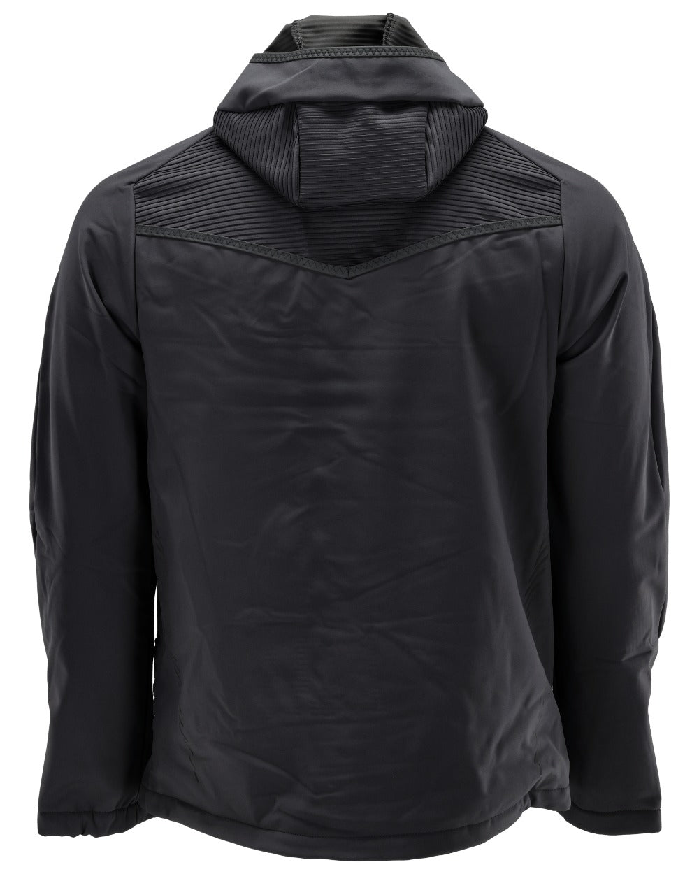 Black Coloured Mascot Workwear Mens Customized Softshell Jacket With Hood on white background 