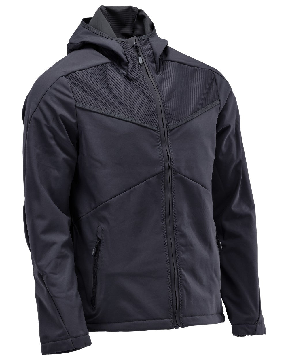 Dark Navy Coloured Mascot Workwear Mens Customized Softshell Jacket With Hood on white background 