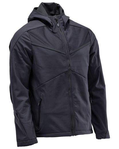 Dark Navy Coloured Mascot Workwear Mens Customized Softshell Jacket With Hood on white background 