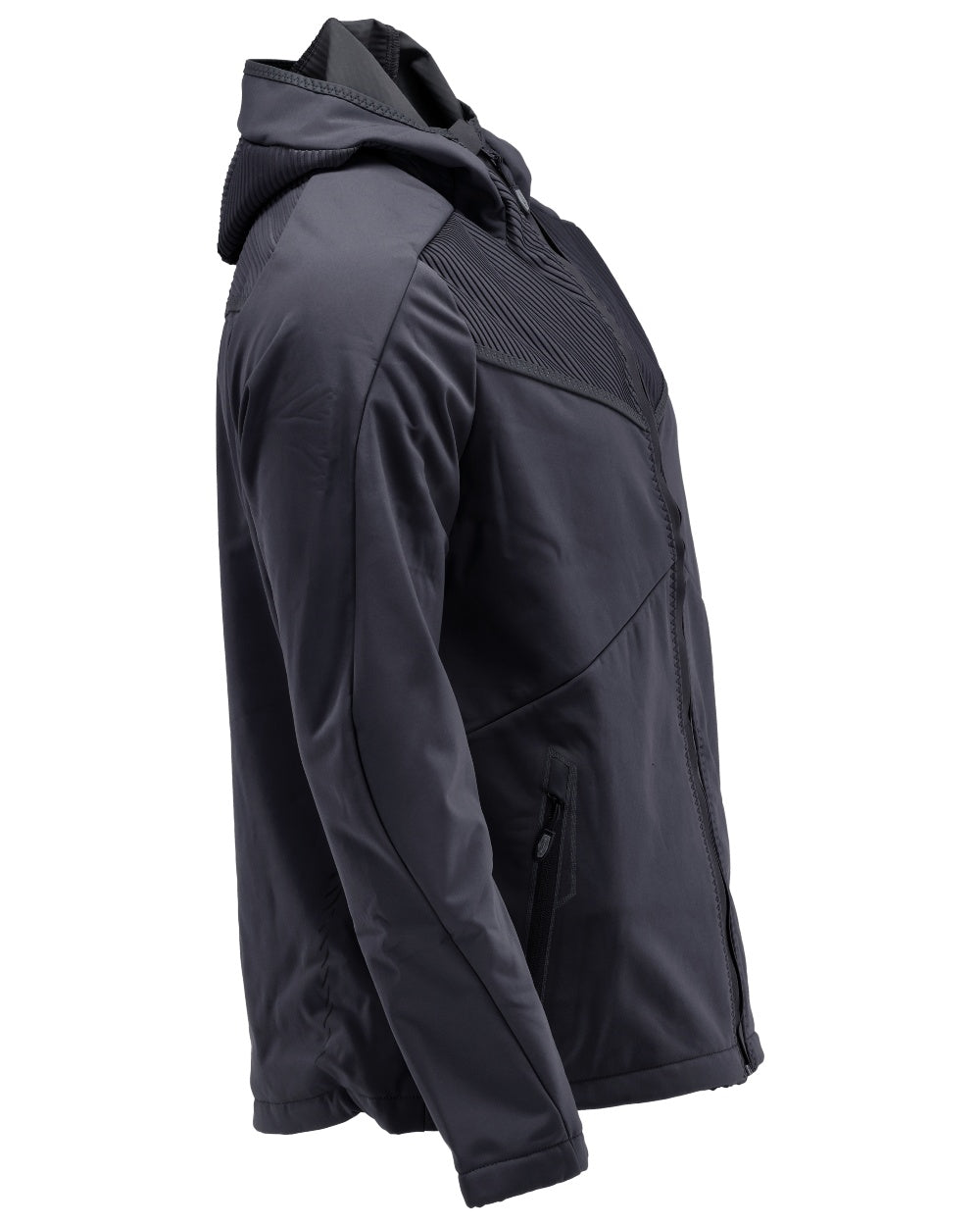 Dark Navy Coloured Mascot Workwear Mens Customized Softshell Jacket With Hood on white background 
