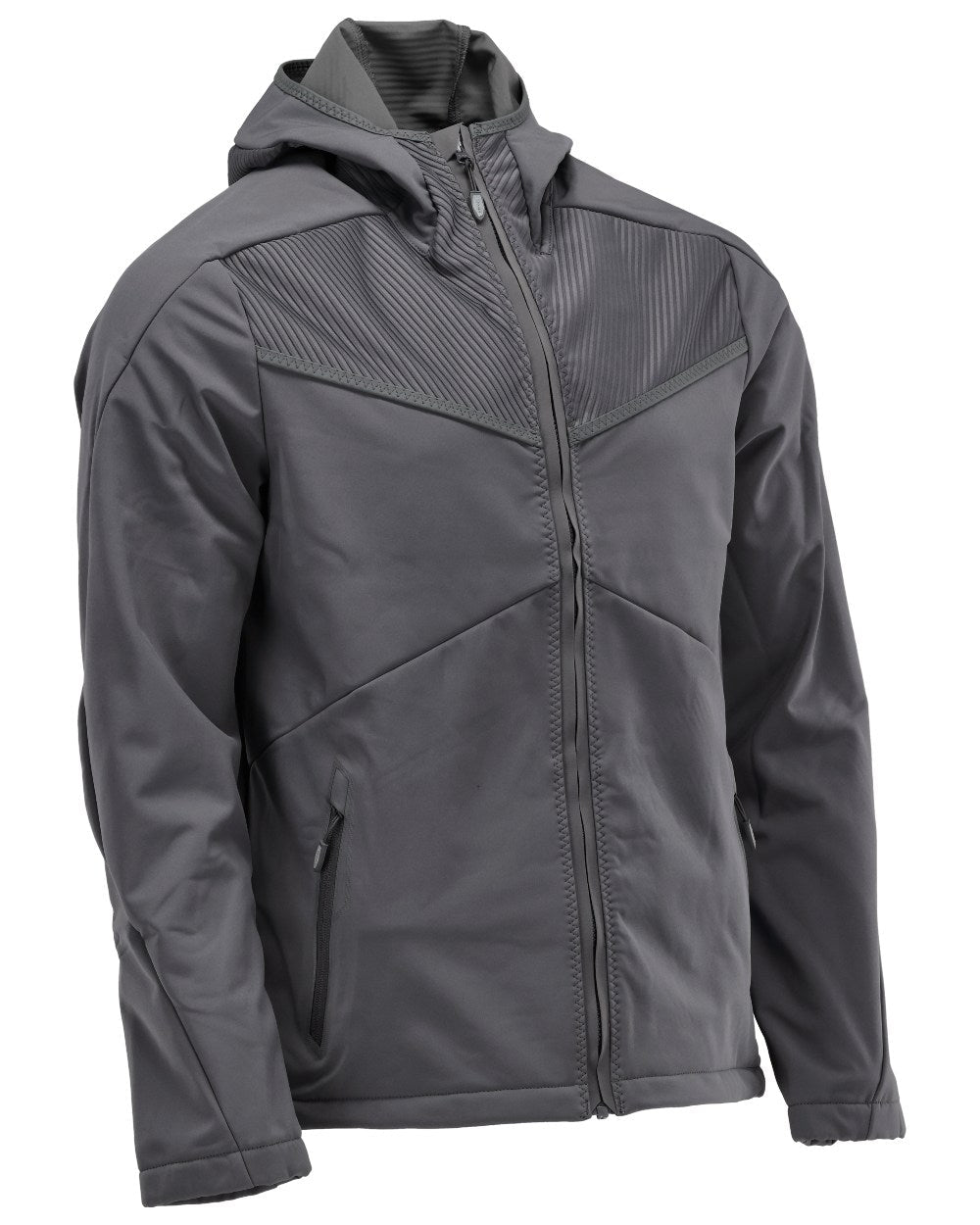 Stone Grey Coloured Mascot Workwear Mens Customized Softshell Jacket With Hood on white background 