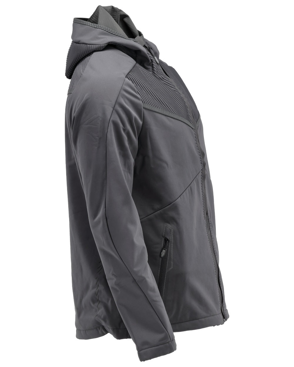 Stone Grey Coloured Mascot Workwear Mens Customized Softshell Jacket With Hood on white background 