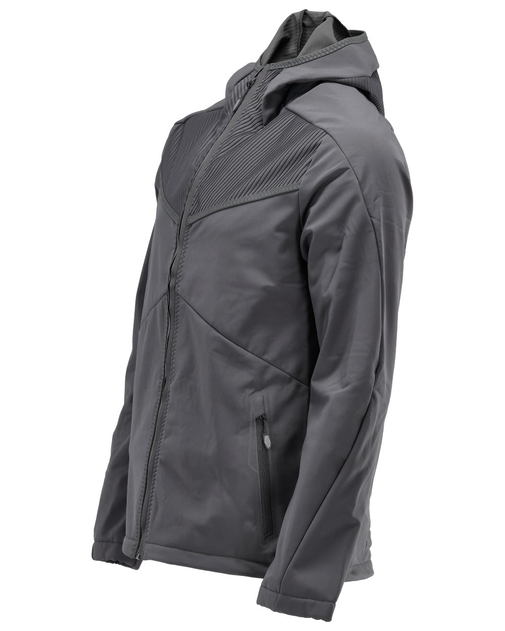 Stone Grey Coloured Mascot Workwear Mens Customized Softshell Jacket With Hood on white background 