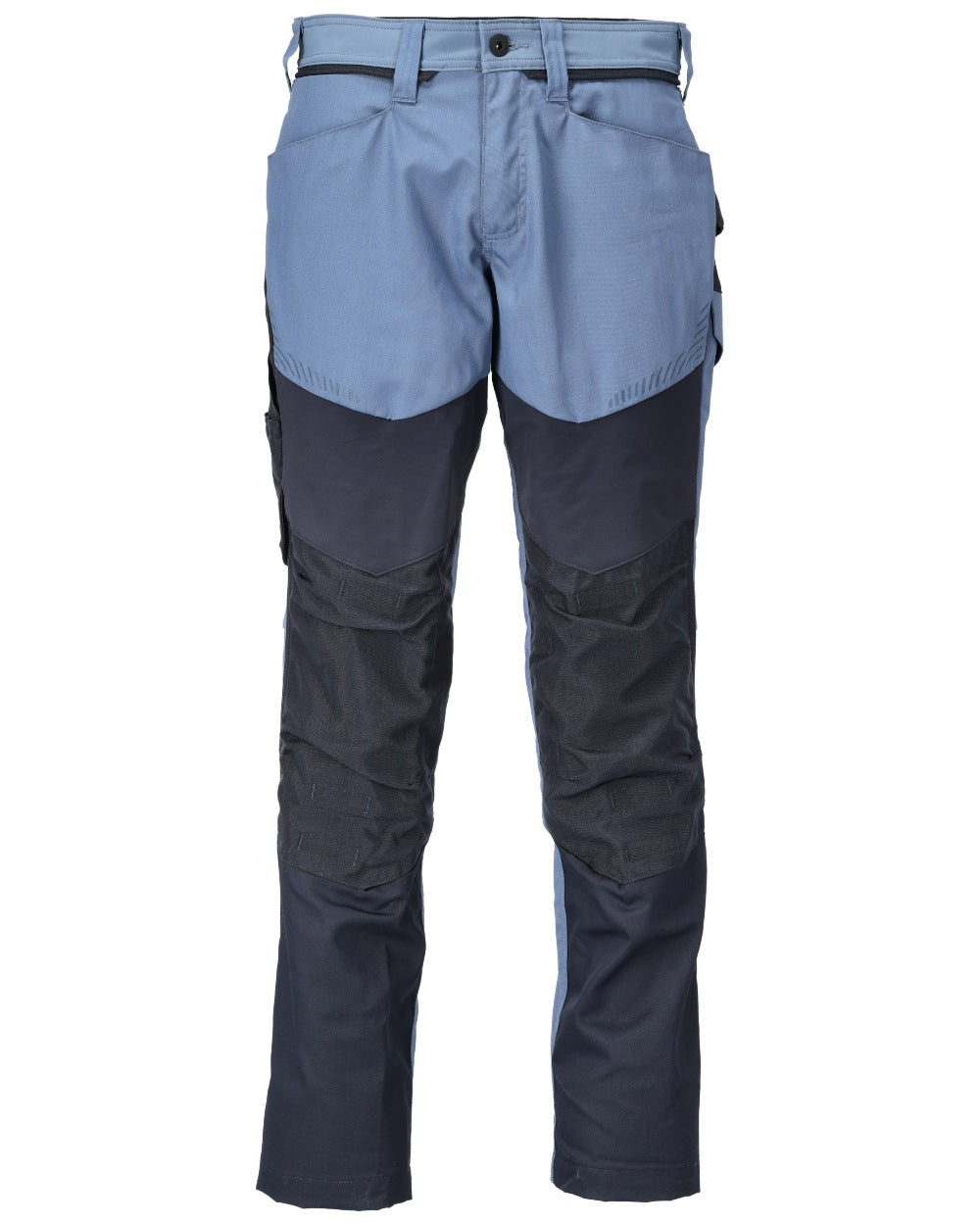 Stone Blue Dark Navy Coloured Mascot Workwear Mens Customized Trousers With Kneepad Pockets on white background 