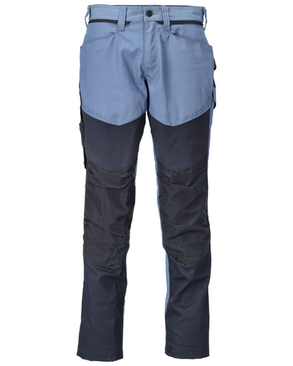 Stone Blue Dark Navy Coloured Mascot Workwear Mens Customized Trousers With Kneepad Pockets on white background 