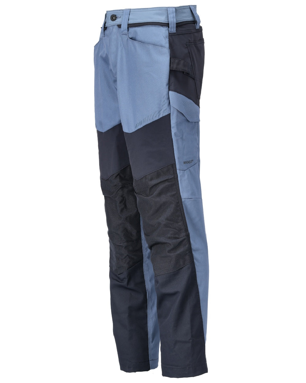 Stone Blue Dark Navy Coloured Mascot Workwear Mens Customized Trousers With Kneepad Pockets on white background 