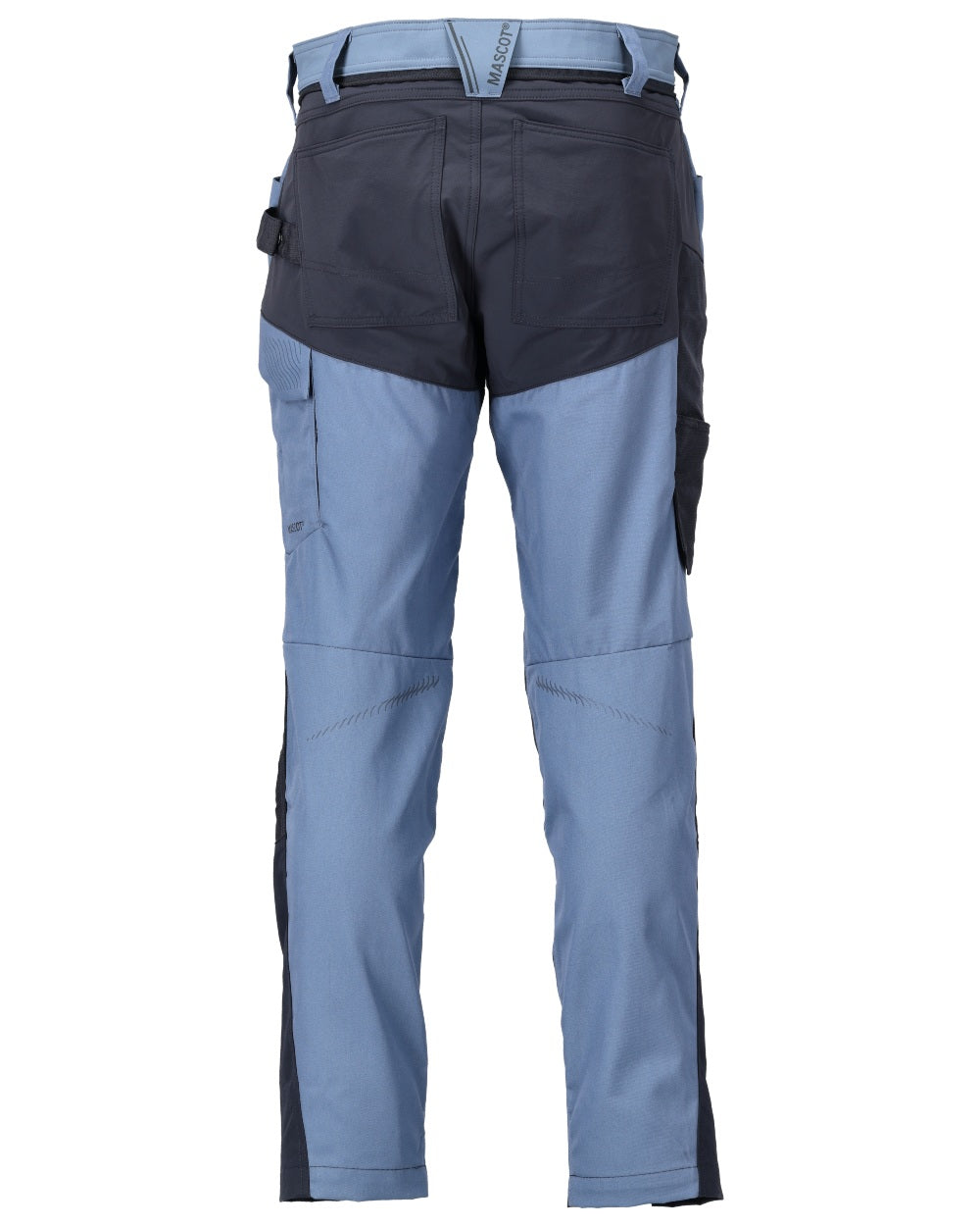 Stone Blue Dark Navy Coloured Mascot Workwear Mens Customized Trousers With Kneepad Pockets on white background 