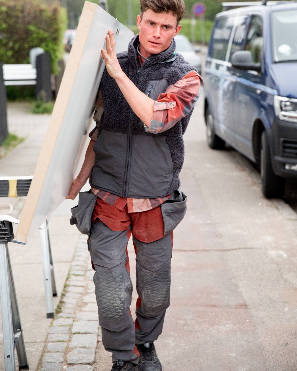 Autumn Red Stone Grey Coloured Mascot Workwear Mens Customized Ultimate Stretch Trousers on outdoor background 