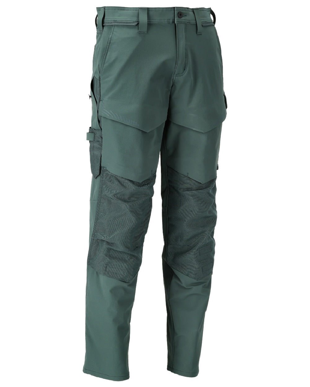 Forest Green Coloured Mascot Workwear Mens Customized Ultimate Stretch Trousers With Kneepad Pockets on white background 