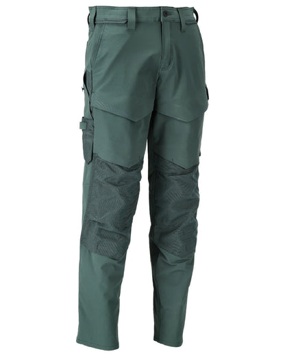 Forest Green Coloured Mascot Workwear Mens Customized Ultimate Stretch Trousers With Kneepad Pockets on white background 