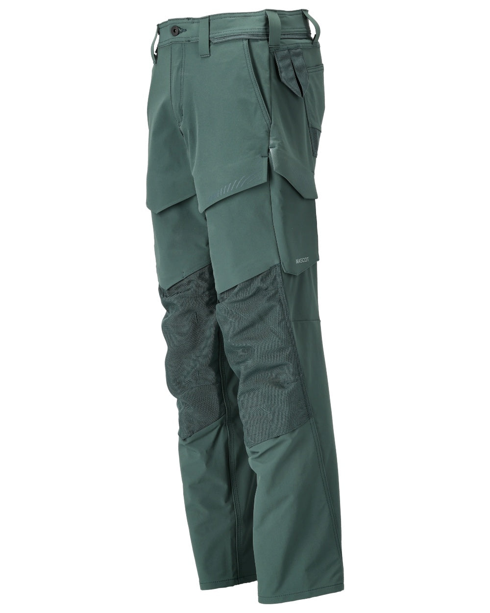 Forest Green Coloured Mascot Workwear Mens Customized Ultimate Stretch Trousers With Kneepad Pockets on white background 