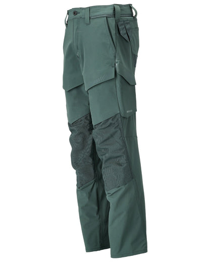 Forest Green Coloured Mascot Workwear Mens Customized Ultimate Stretch Trousers With Kneepad Pockets on white background 