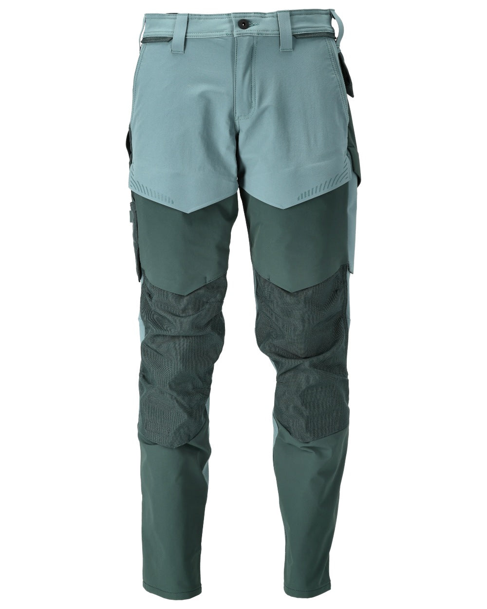 Light Forest Green Coloured Mascot Workwear Mens Customized Ultimate Stretch Trousers With Kneepad Pockets on white background 