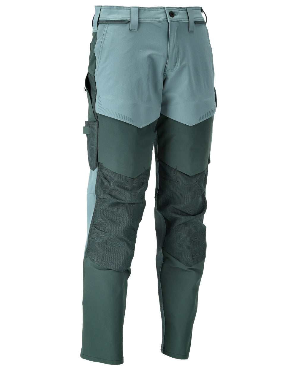 Light Forest Green Coloured Mascot Workwear Mens Customized Ultimate Stretch Trousers With Kneepad Pockets on white background 