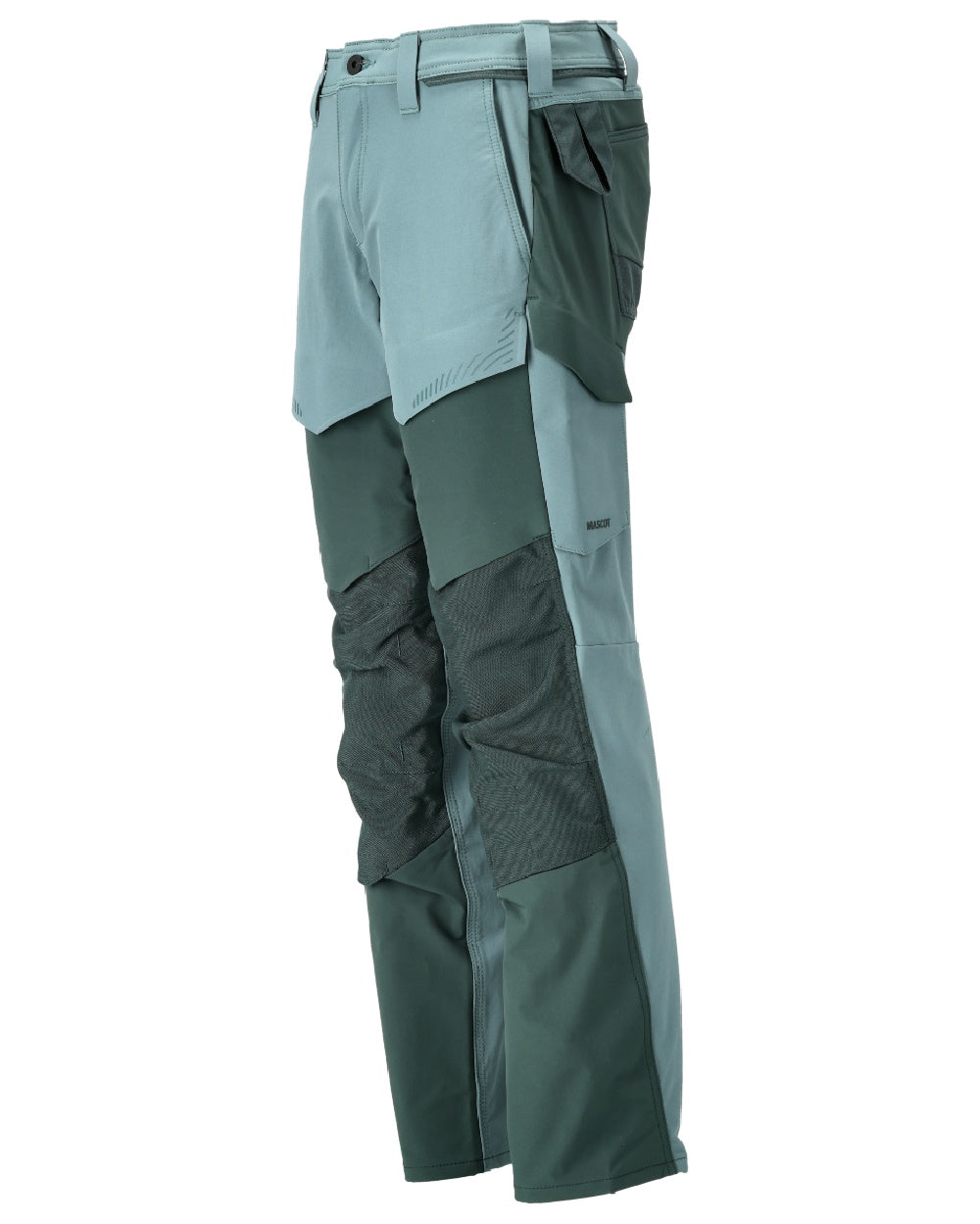 Light Forest Green Coloured Mascot Workwear Mens Customized Ultimate Stretch Trousers With Kneepad Pockets on white background 